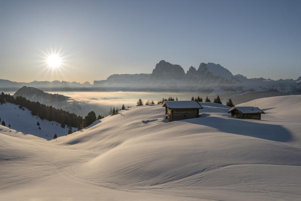 Alpe di Siusi/Seiser Alm, Dolomites, South Tyrol, Italy. Sunrise on the plateau of Bullaccia/Puflatsch. In the background the peaks of the Sella and  Sassolungo