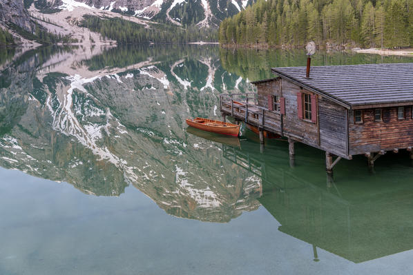 Braies / Prags, Dolomites, South Tyrol, Italy. The Lake Braies / Pragser Wildsee at dawn