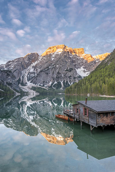 Braies / Prags, Dolomites, South Tyrol, Italy. The Lake Braies / Pragser Wildsee at sunrise