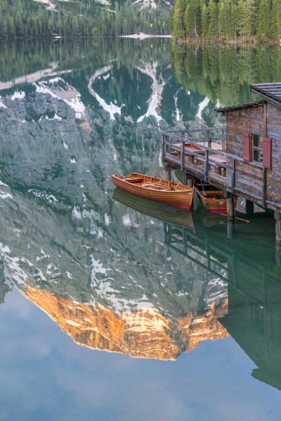 Braies / Prags, Dolomites, South Tyrol, Italy. The Lake Braies / Pragser Wildsee at sunrise