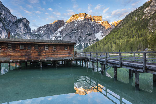 Braies / Prags, Dolomites, South Tyrol, Italy. The Lake Braies / Pragser Wildsee at sunrise