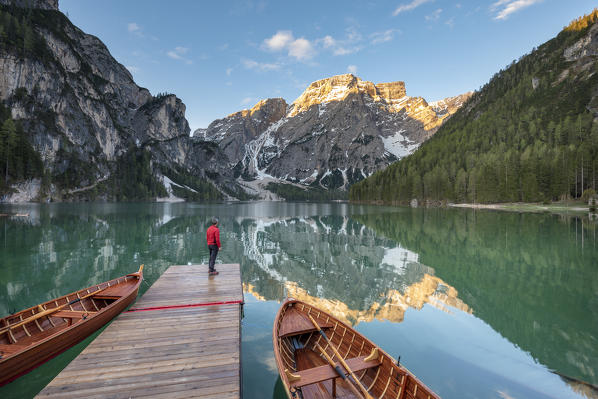 Braies / Prags, Dolomites, South Tyrol, Italy. The Lake Braies / Pragser Wildsee at sunrise