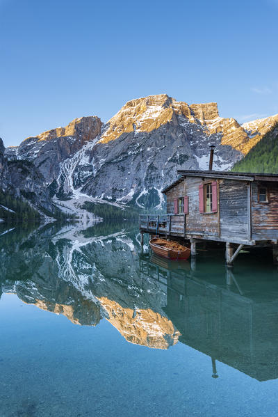 Braies / Prags, Dolomites, South Tyrol, Italy. The Lake Braies / Pragser Wildsee at sunrise