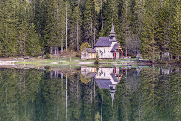 Braies / Prags, Dolomites, South Tyrol, Italy. The chapel on the Lake Braies