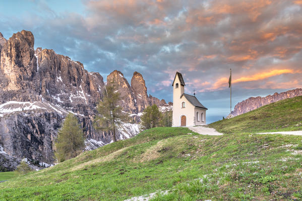 Passo Gardena, Dolomites, South Tyrol, Italy. Passo Gardena, Dolomites, South Tyrol, Italy. Chapel on the Gardena pass at sunrise. 