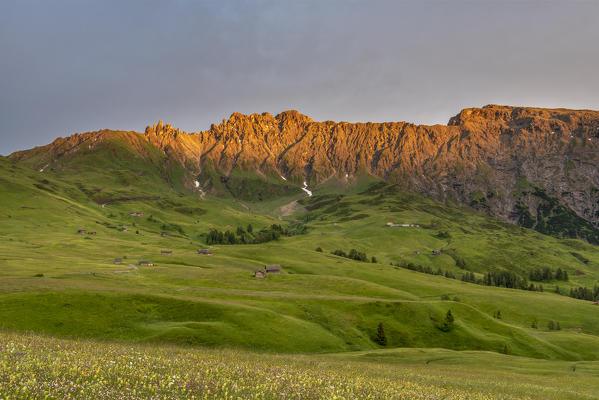 Alpe di Siusi/Seiser Alm, Dolomites, South Tyrol, Italy. Alpenglow in the rock walls of the Denti di Terrarossa