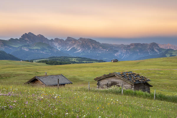 Alpe di Siusi/Seiser Alm, Dolomites, South Tyrol, Italy. Dusk over the Alpe di Siusi with a view to the Odle Mountains