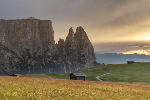 Alpe di Siusi/Seiser Alm, Dolomites, South Tyrol, Italy. Sunset after the thunderstorm