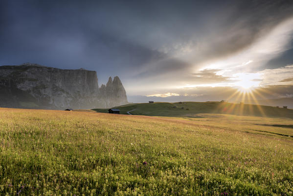 Alpe di Siusi/Seiser Alm, Dolomites, South Tyrol, Italy. Sunset after the thunderstorm