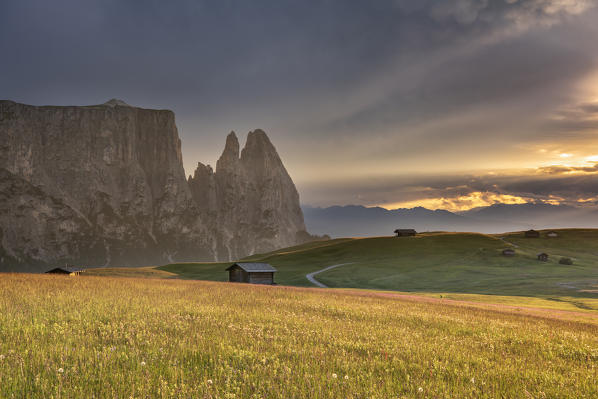 Alpe di Siusi/Seiser Alm, Dolomites, South Tyrol, Italy. Sunset after the thunderstorm