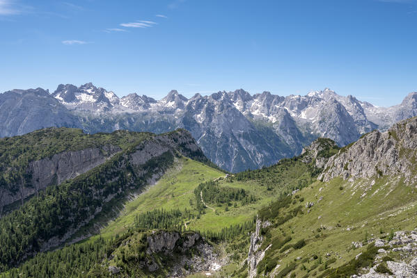 Misurina, Cadini mountains, Dolomites, province of Belluno, Veneto, Italy. The refuge Città di Carpi with Marmarole in the background