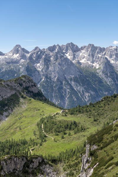 Misurina, Cadini mountains, Dolomites, province of Belluno, Veneto, Italy. The refuge Città di Carpi with Marmarole in the background