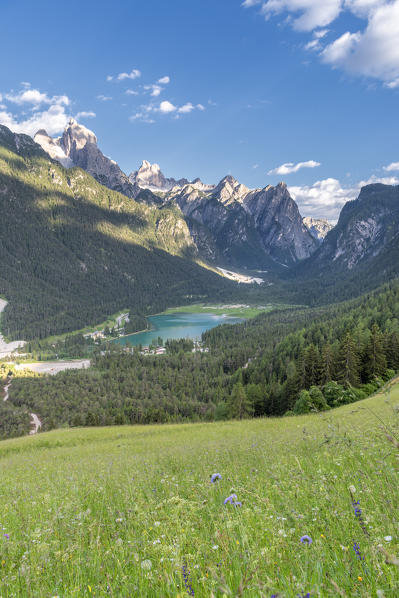 Dobbiaco/Toblach, Dolomites, South Tyrol, Italy. The lake Dobbiaco with the peaks of Croda dei Baranci and Croda Bagnata.