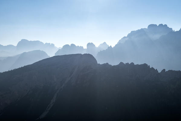 Misurina, Dolomites, province of Belluno, Veneto, Italy. View from Val de le Baracche to Cadini mountains and Croda dei Toni