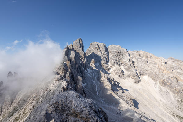 Cristallino di Misurina, Misurina, Dolomites, province of Belluno, Veneto, Italy. View from the top of Cristallino di Misrina to the peaks of Piz Popena, Mount Cristallo and Cristallo di Mezzo