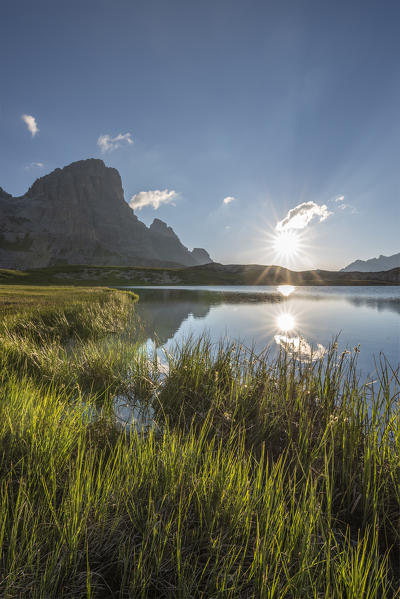 Sesto / Sexten, province of Bolzano, Dolomites, South Tyrol, Italy. Sunrise at the lake Piani
