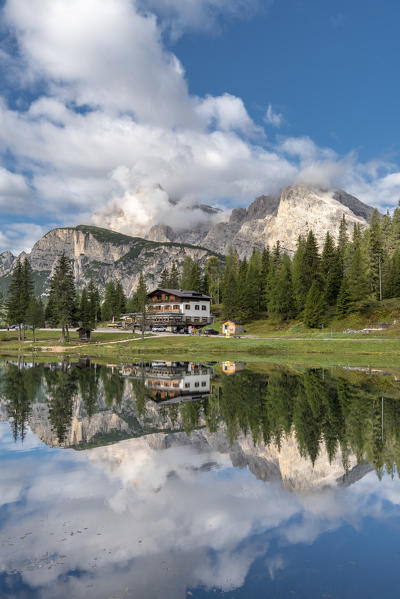 Misurina, Dolomites, province of Belluno, Veneto, Italy. The lake Antorno with the Cristallo group in the background