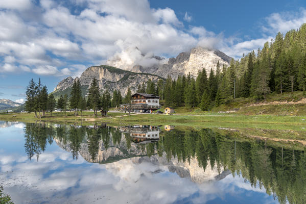 Misurina, Dolomites, province of Belluno, Veneto, Italy. The lake Antorno with the Cristallo group in the background