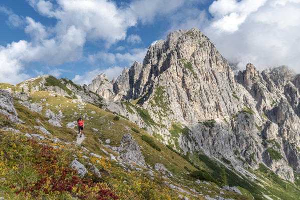 Misurina, Dolomites, province of Belluno, Veneto, Italy. Hike to the refuge Fonda Savio in the Cadini mountain group