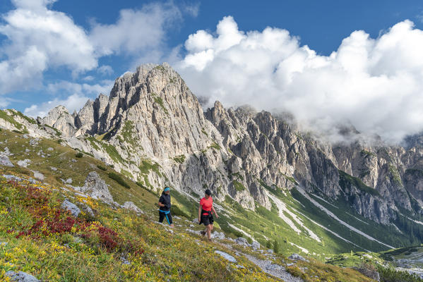 Misurina, Dolomites, province of Belluno, Veneto, Italy. Hike to the refuge Fonda Savio in the Cadini mountain group