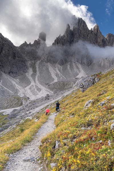 Misurina, Dolomites, province of Belluno, Veneto, Italy. Hike to the refuge Fonda Savio in the Cadini mountain group