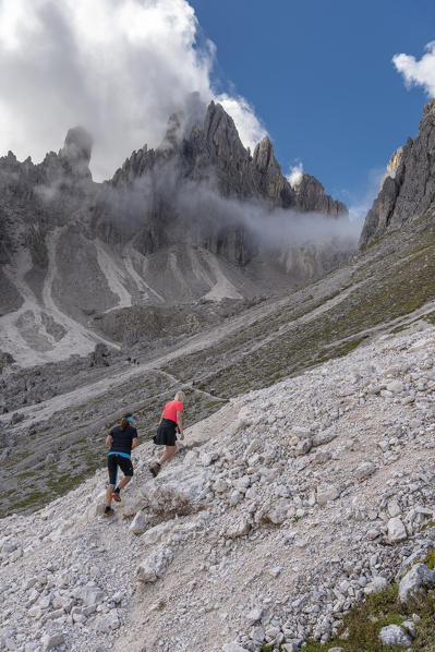 Misurina, Dolomites, province of Belluno, Veneto, Italy. Hike to the refuge Fonda Savio in the Cadini mountain group