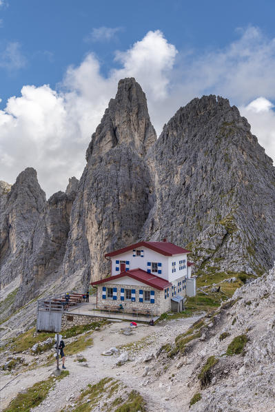 Misurina, Dolomites, province of Belluno, Veneto, Italy. The refuge Fonda Savio in the Cadini mountain group