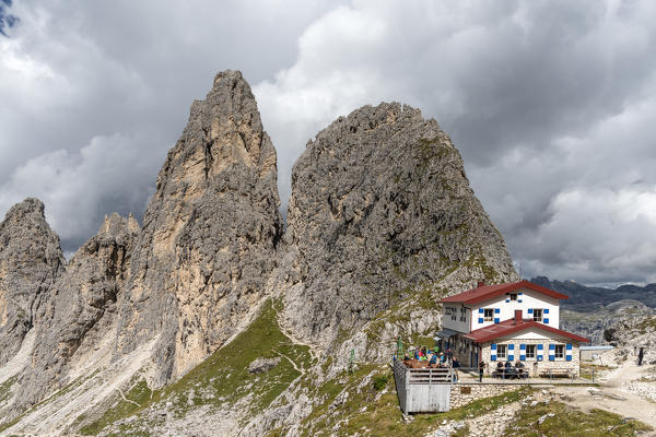 Misurina, Dolomites, province of Belluno, Veneto, Italy. The refuge Fonda Savio in the Cadini mountain group