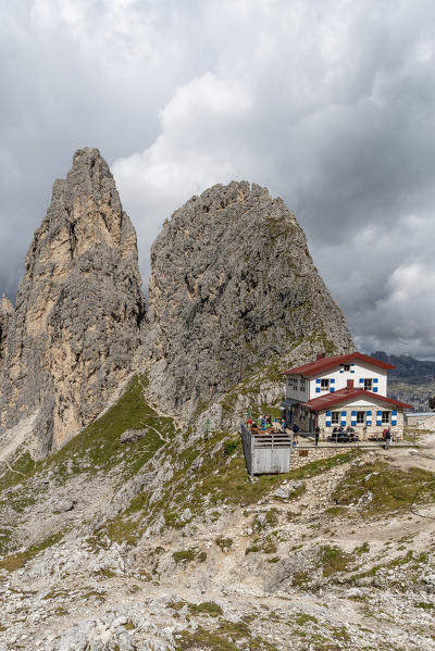 Misurina, Dolomites, province of Belluno, Veneto, Italy. The refuge Fonda Savio in the Cadini mountain group