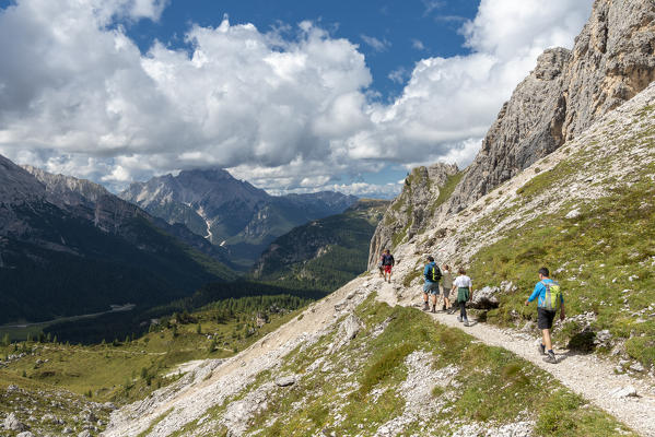Misurina, Dolomites, province of Belluno, Veneto, Italy. Hikers in the Cadini mountain group