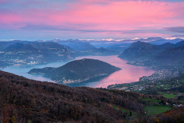 Iseo lake at dawn panoramic view, Lombardy district, Brescia province, Italy.