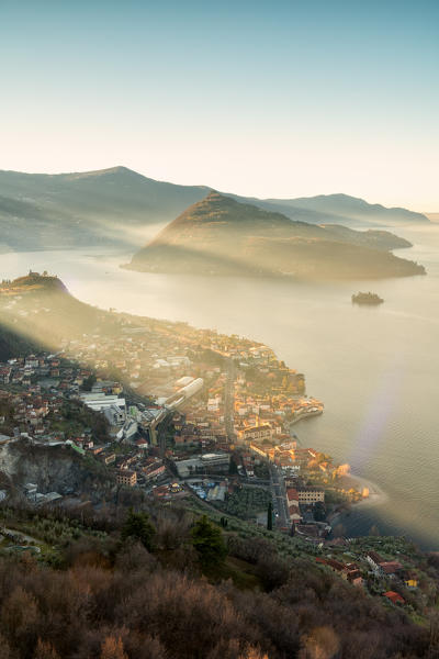 The village of Marone on Lake Iseo at the first light of the day, Lombardy district, brescia province, Italy.