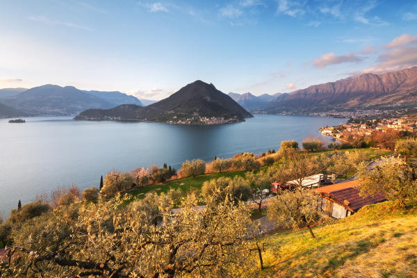 Sunset in Iseo lake and Monteisola, Brescia province, Lombardy district, italy, Europe