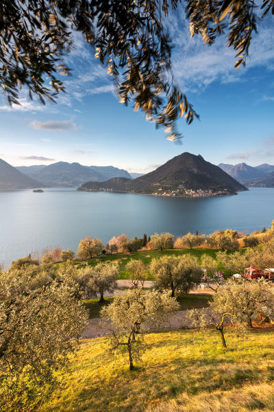 Sunset in Iseo lake and Monteisola, Brescia province, Lombardy district, italy, Europe