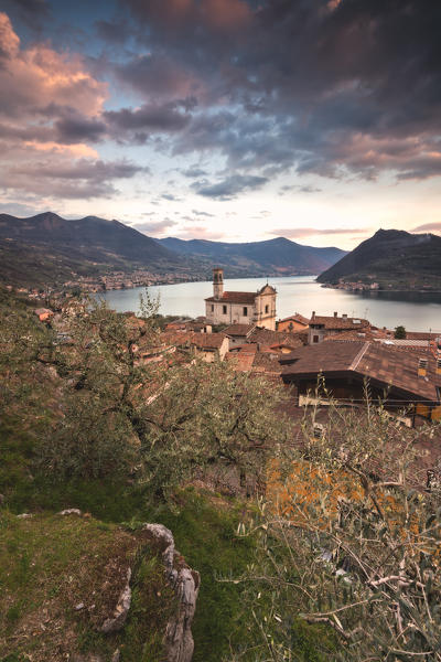 Sunset in Iseo lake and Monteisola, Brescia province, Lombardy district, italy, Europe