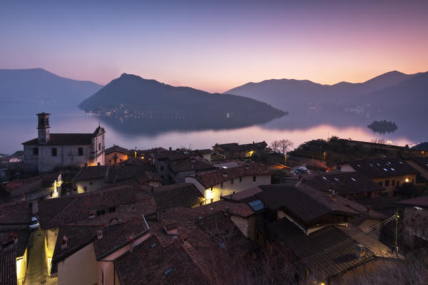 Vesto, fraction of Marone, at sunset in Iseo lake, Lombardy district, Brescia province, Italy, Europe