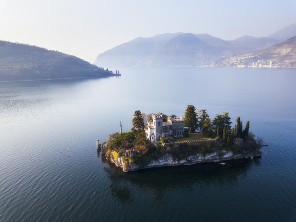 Panoramic over Iseo lake, Marone and Loreto Island, Brescia province, Lombardy, Italy, Europe