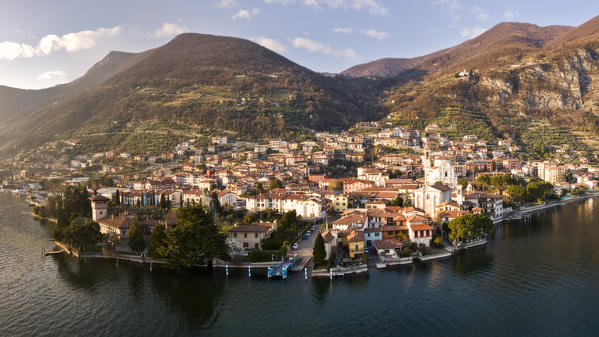 Panoramic view at sunset over Predore, Iseo lake in Bergamo province, Lombardy district, Italy, Europe