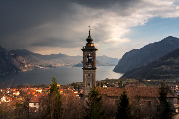 Sunset over Esmate village in Bergamo province, Iseo lake in Lombardy district, Italy, Europe