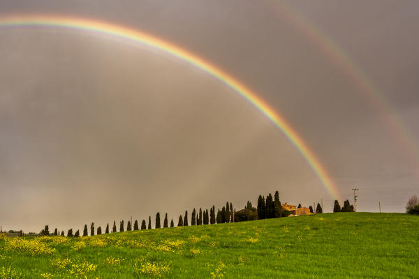 Rainbow over cypresses in Orcia valley, San Quirico d'Orcia in Siena province, Italy, Tuscany