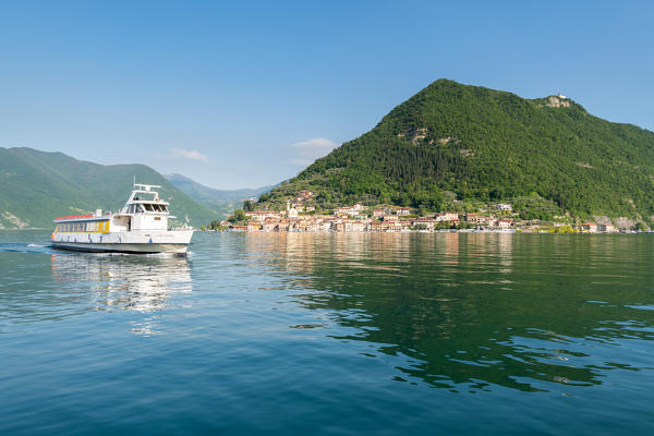 Boats from Sulzano to Montisola In Iseo lake, Brescia province, Lombardy district, Italy