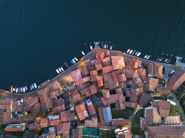 Aerial view of Monte Isola at sunset in Iseo lake, Brescia province, Lombardy district, Italy, Europe.