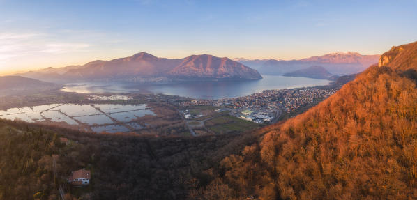 Aerial view of Monte Isola at sunset in Iseo lake, Brescia province, Lombardy district, Italy, Europe.