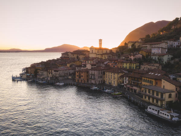 Aerial view of Monte Isola at sunset in Iseo lake, Brescia province, Lombardy district, Italy, Europe.