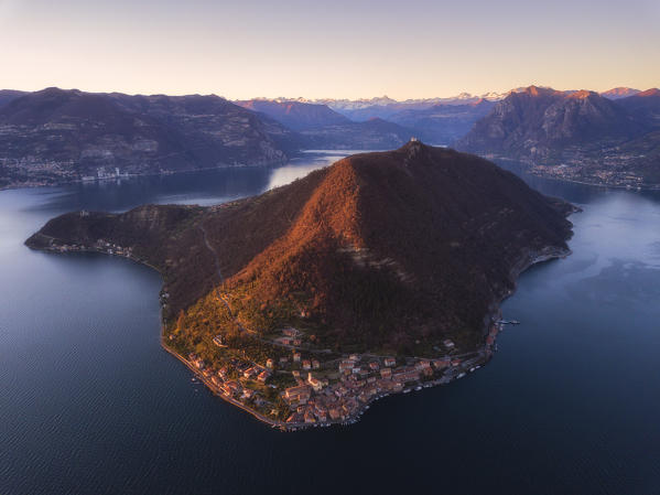 Aerial view of Monte Isola at sunset in Iseo lake, Brescia province, Lombardy district, Italy, Europe.