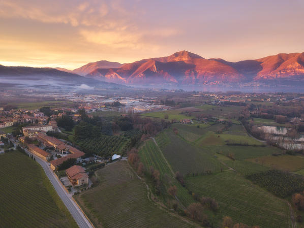 Franciacorta aerial view in Brescia province, Lombardy, Italy, Europe.