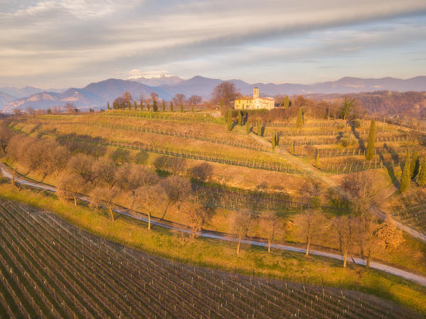 Franciacorta aerial view in Brescia province, Lombardy, Italy, Europe.