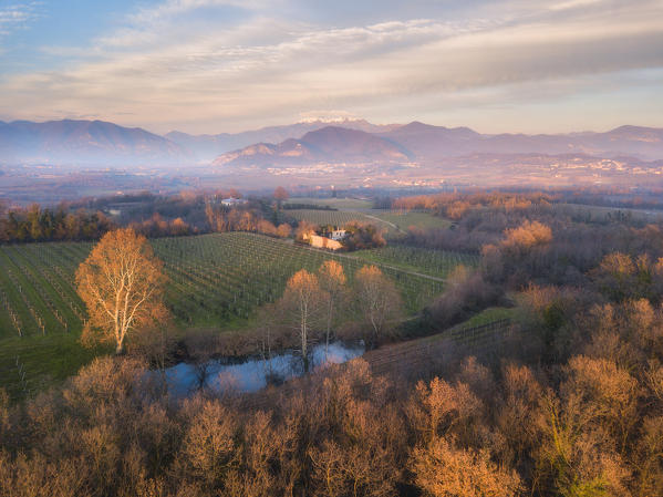 Franciacorta aerial view in Brescia province, Lombardy, Italy, Europe.