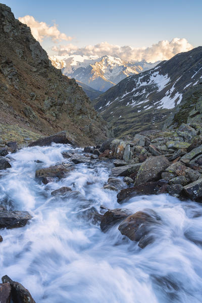 Sunset in Viso valley, Stelvio national park in Brescia province, Lombardy district, Italy, Europe.