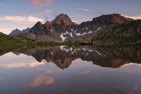 Pietrarossa lake at sunset in can valley, Vallecamonica, Brescia province, Italy, Europe.